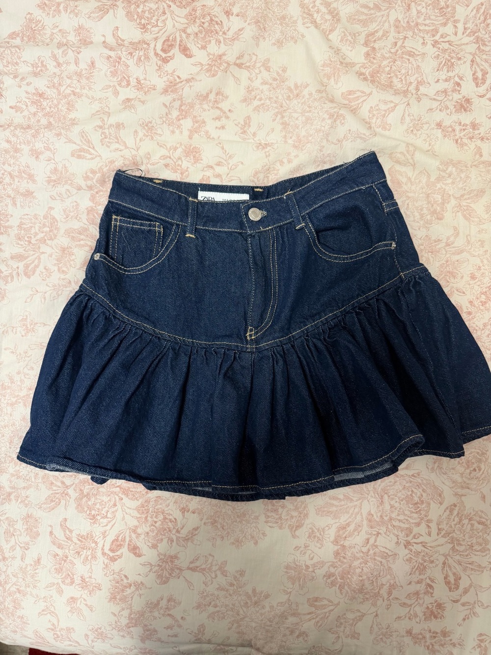 Zara drop-waist Blue Denim Ruffle Mini Skirt